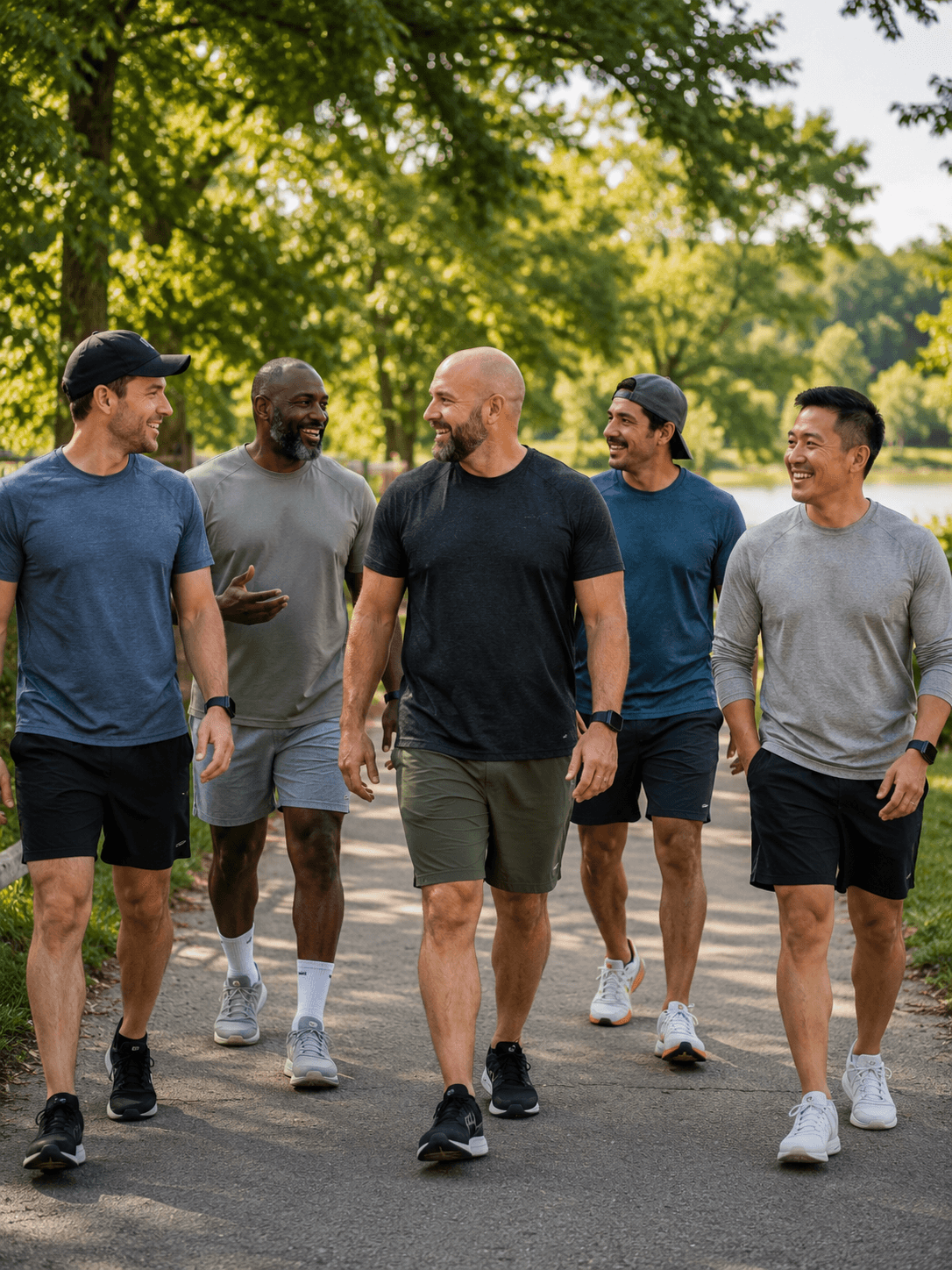 A group of dads walking together outdoors.