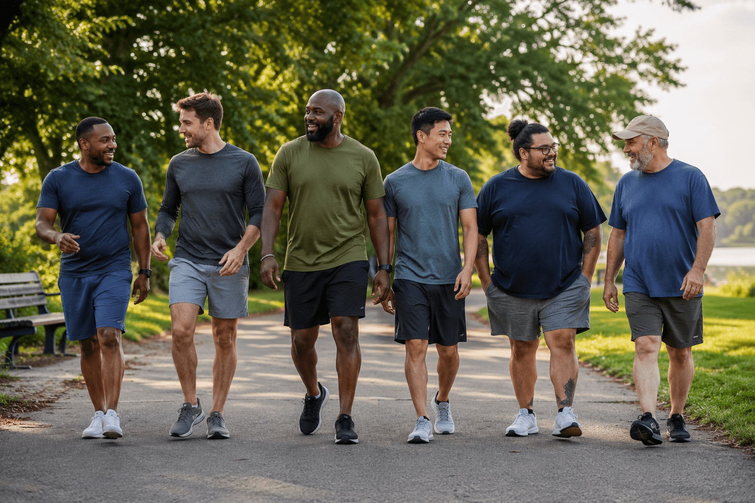 A group of dads walking together outdoors.